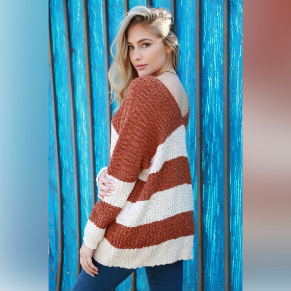 Soft Sherpa V Neck Stripe Oversize Sweater - Picture 3 of 5